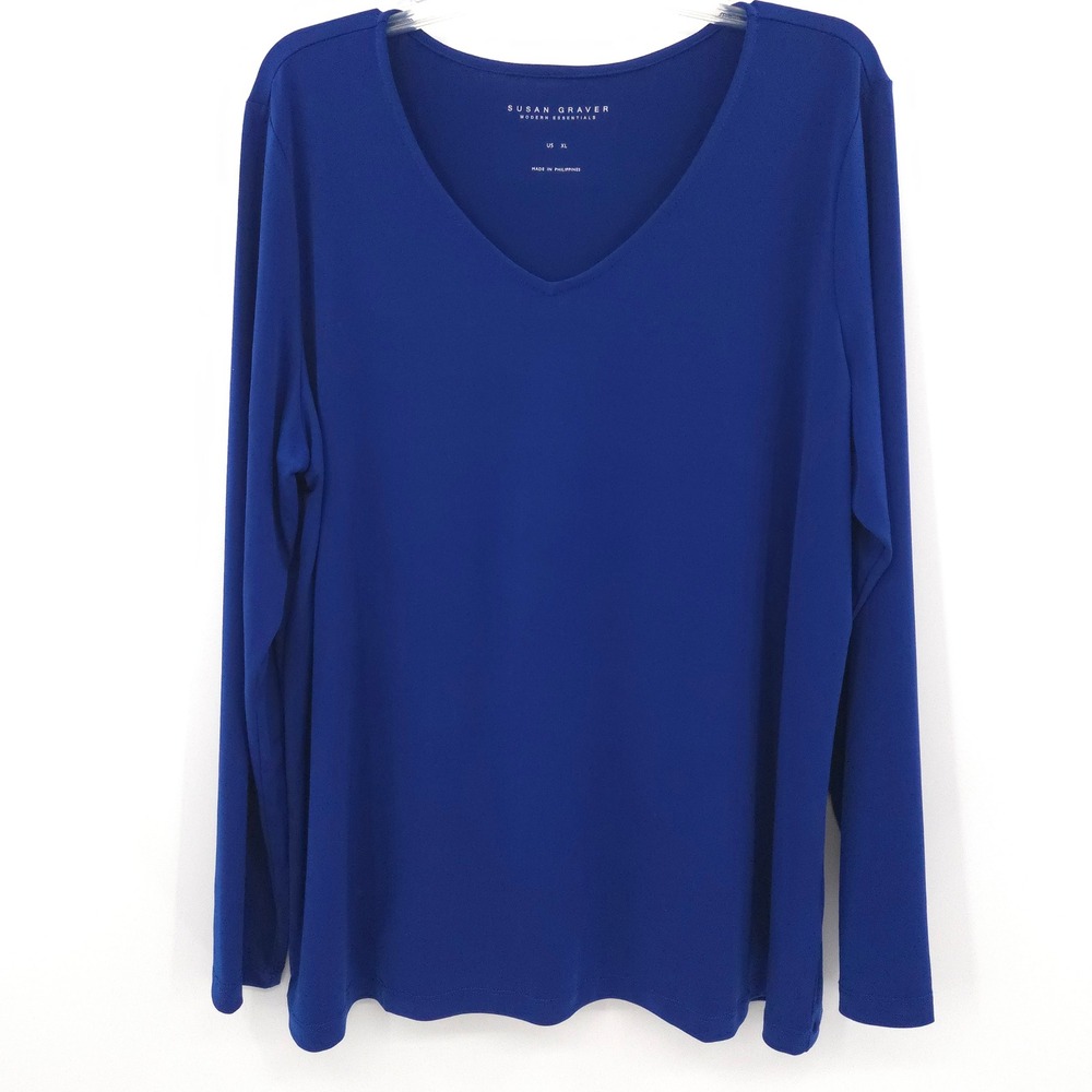 Susan Graver Liquid Knit V-Neck Top Women XL Blue Long Sleeve Modern Essentials